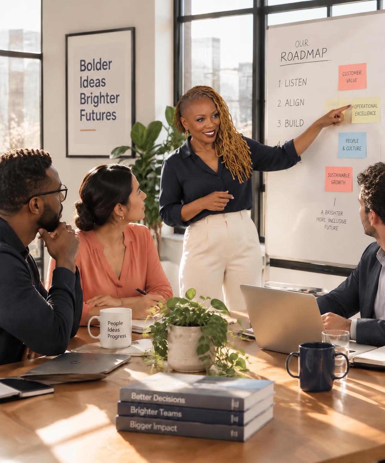 A consultant leading a roadmap session with a small leadership team
