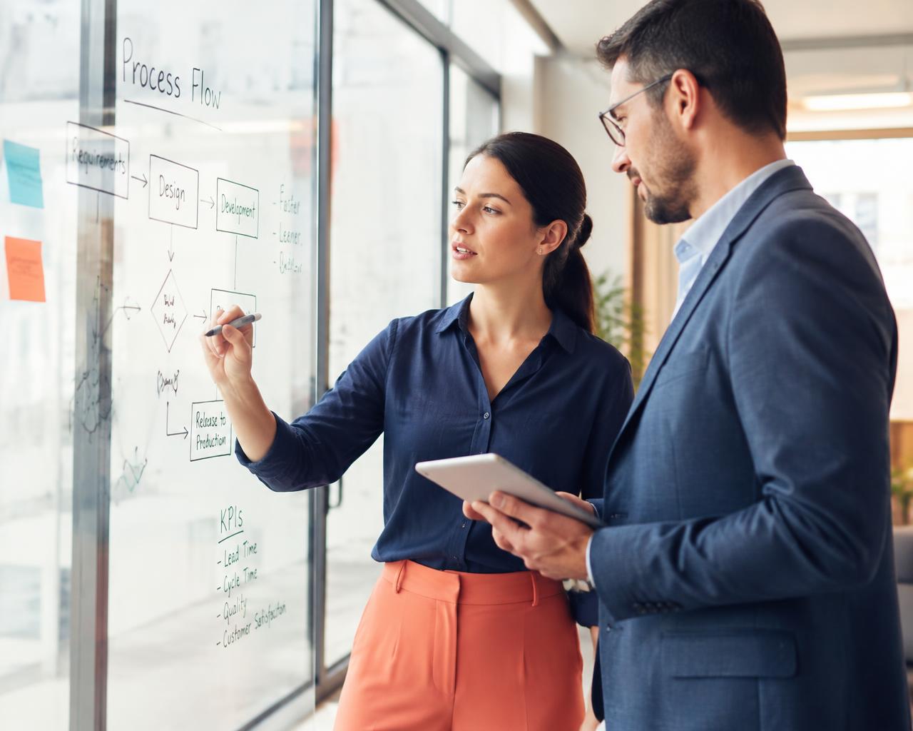Two colleagues mapping a process flow on a glass wall