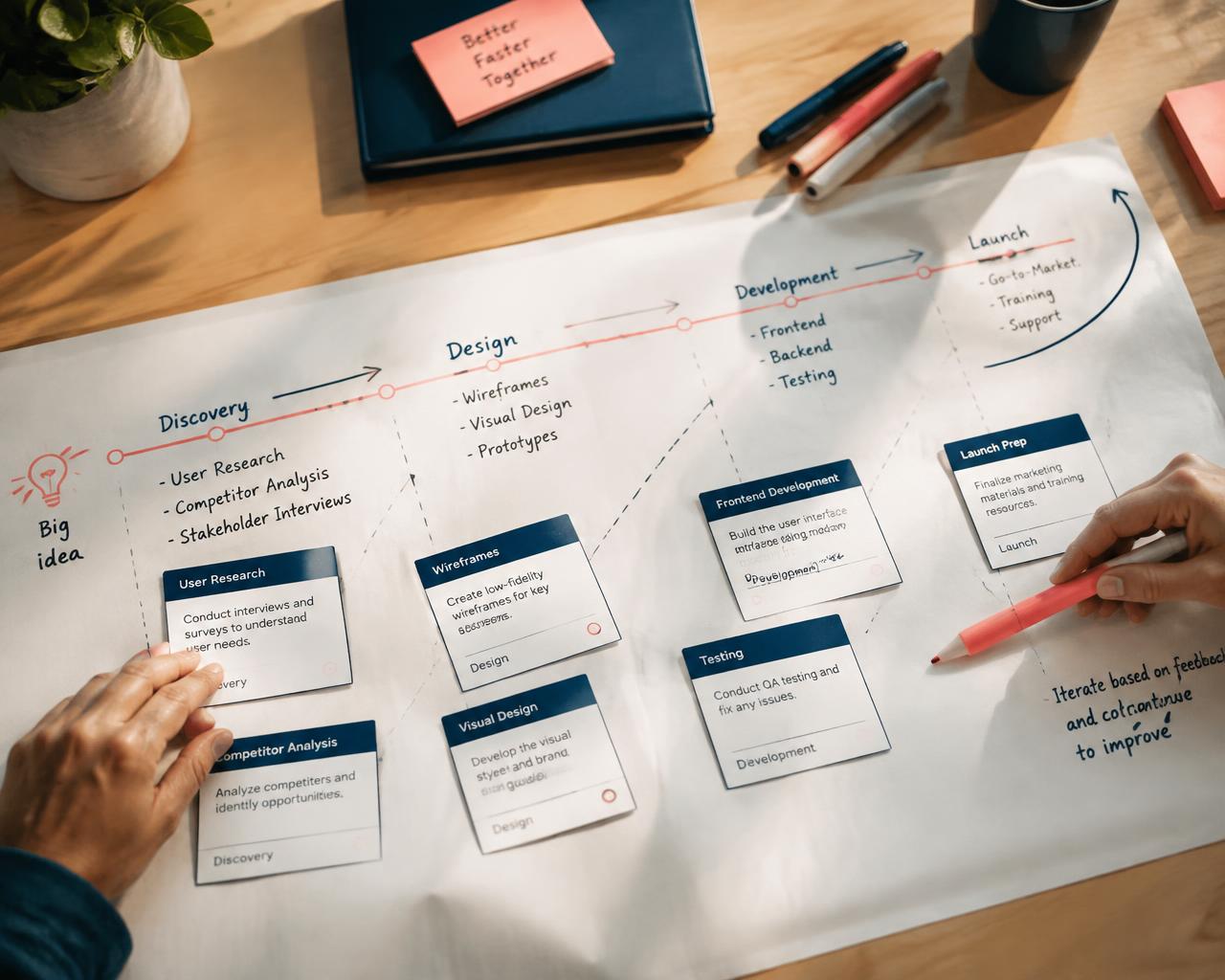 Hands arranging planning cards along a project roadmap